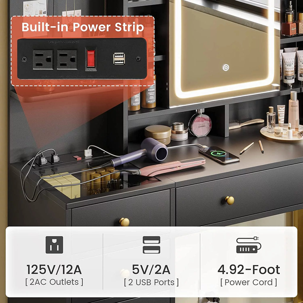 Black Makeup Desk with Lights and Charging Station N4939