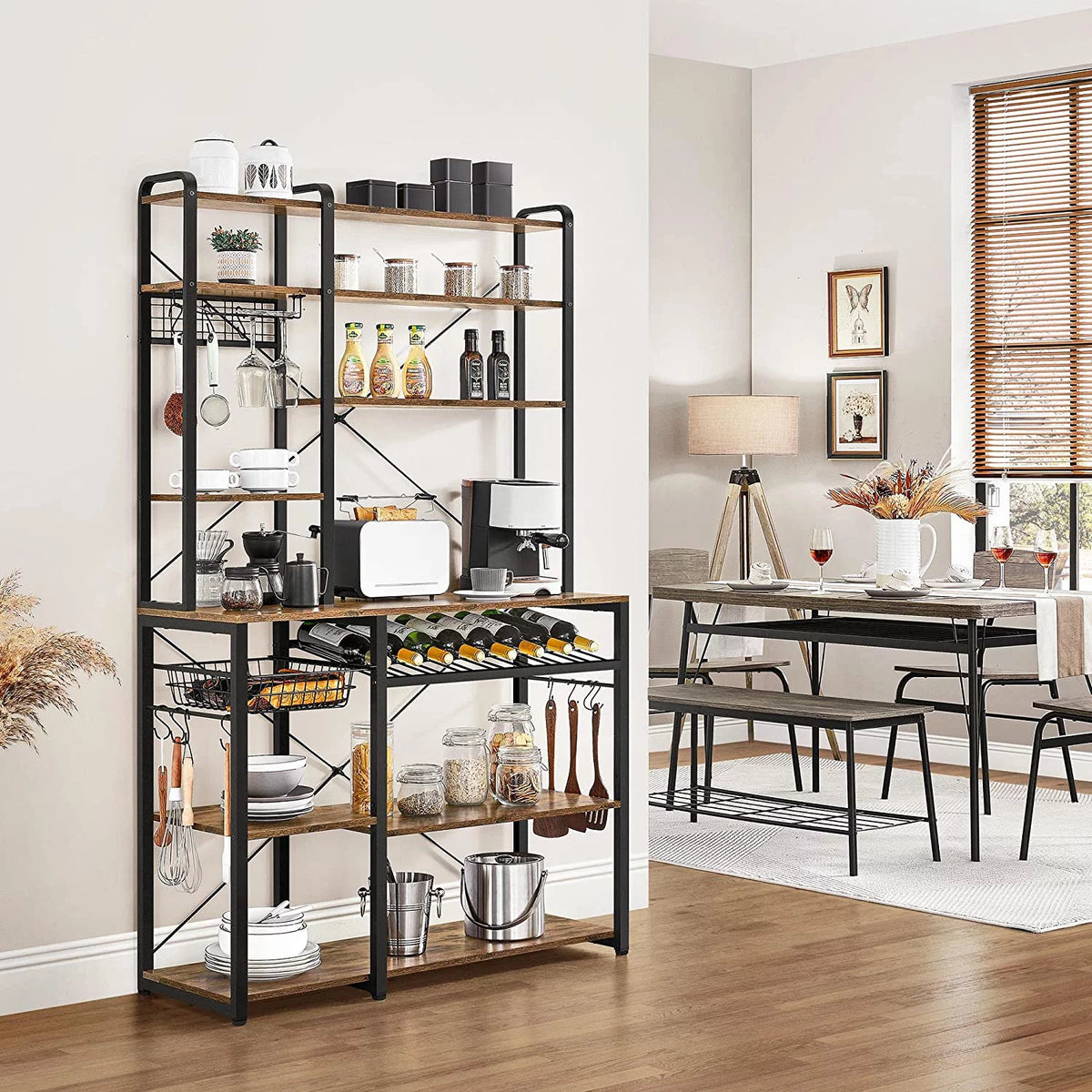 Wooden Kitchen Bakers Rack with Wine Rack and 12 Hooks I27315
