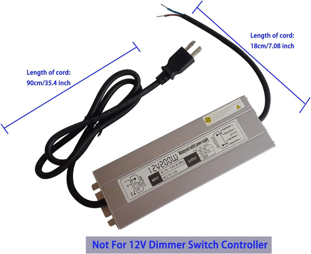 200W Waterproof Power Supply Transformer, 110-130V AC to 12V DC Output 16.7A Adapter with 3 Feet Cable N4881