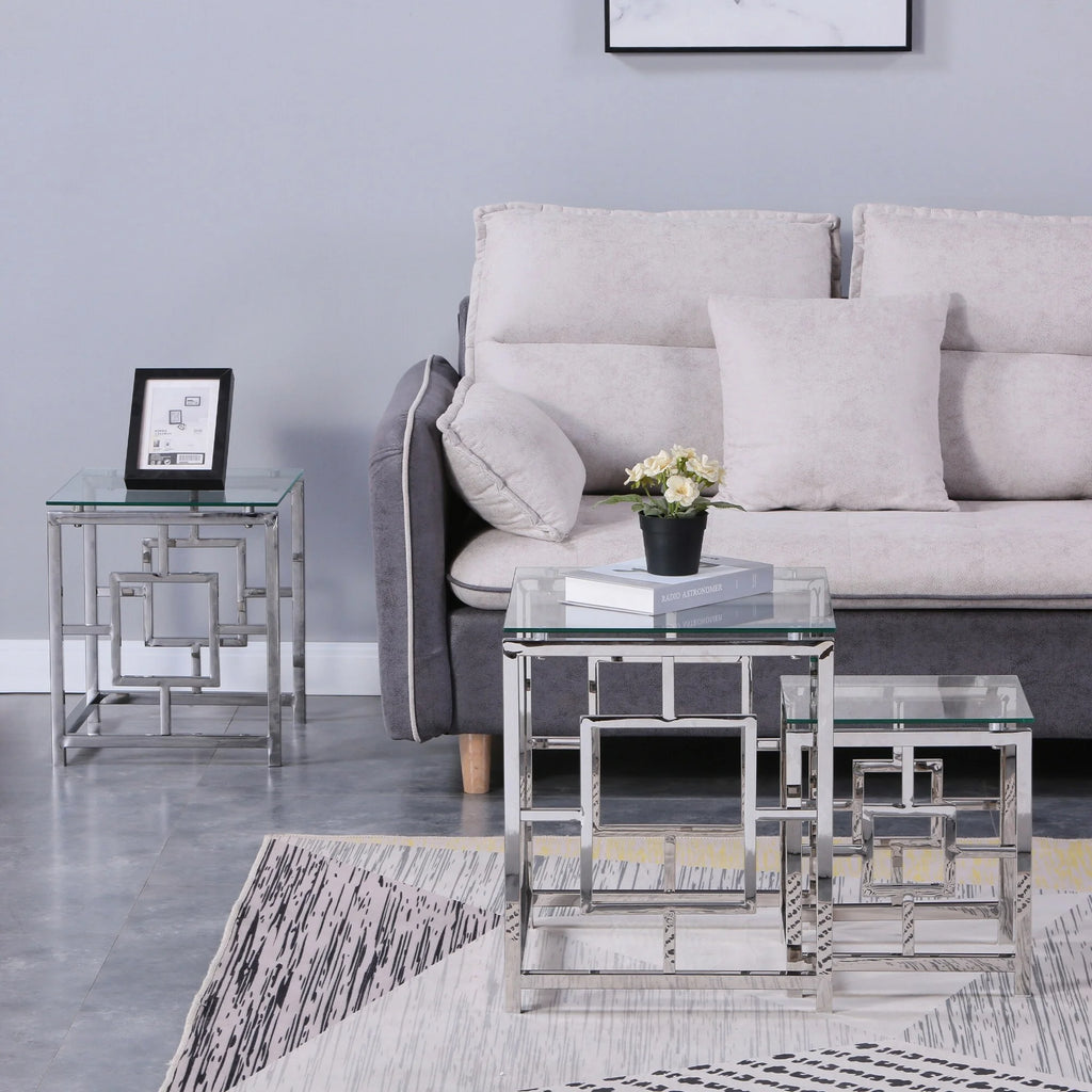 Set of 3 Metal Nesting Tables Glass End Tables O257842