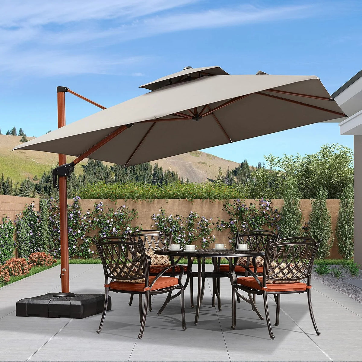 10 Feet Double Top Wood Pattern Square Patio Umbrella R2297