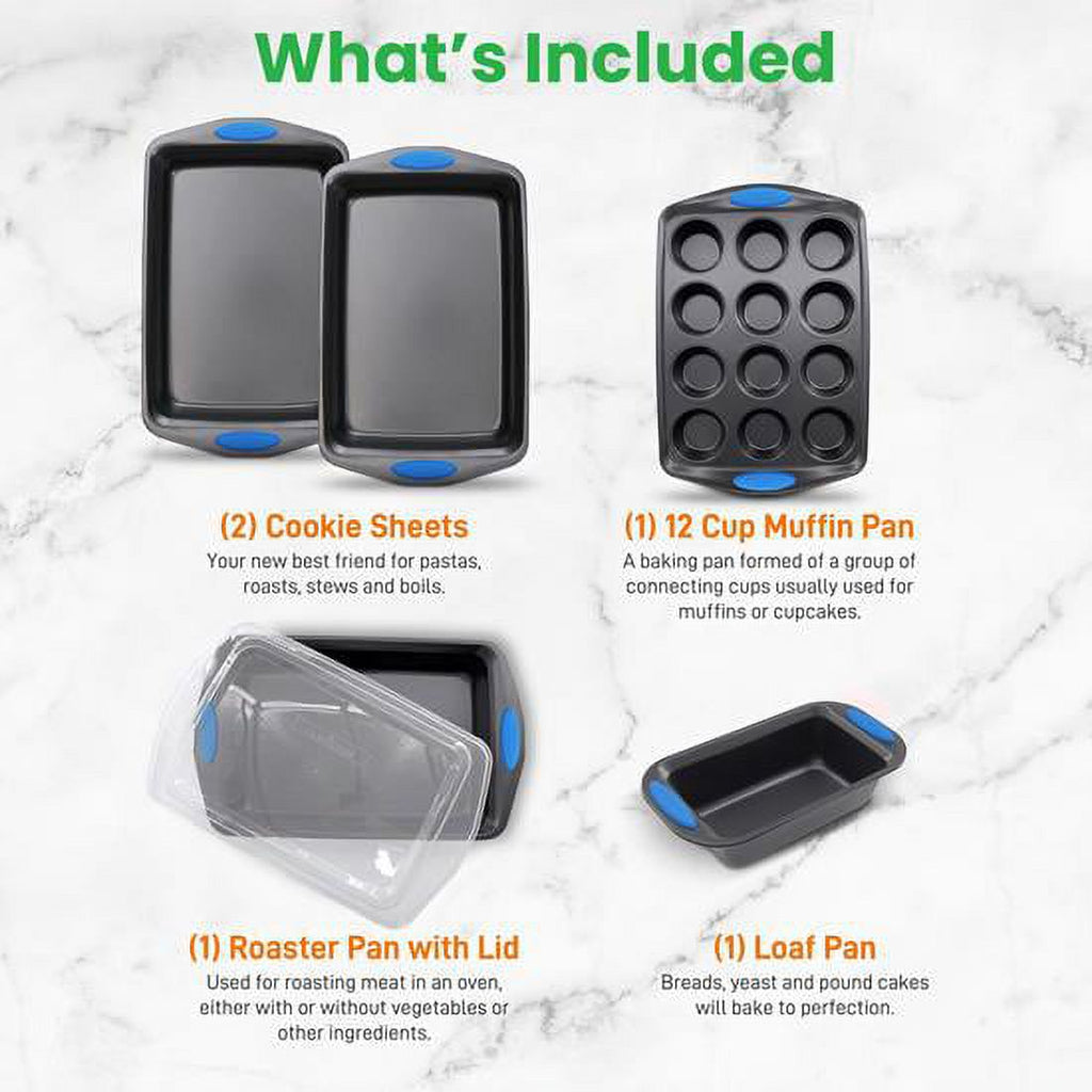 6-Piece Nonstick Carbon Steel Baking Pan Set with Blue Handles F521