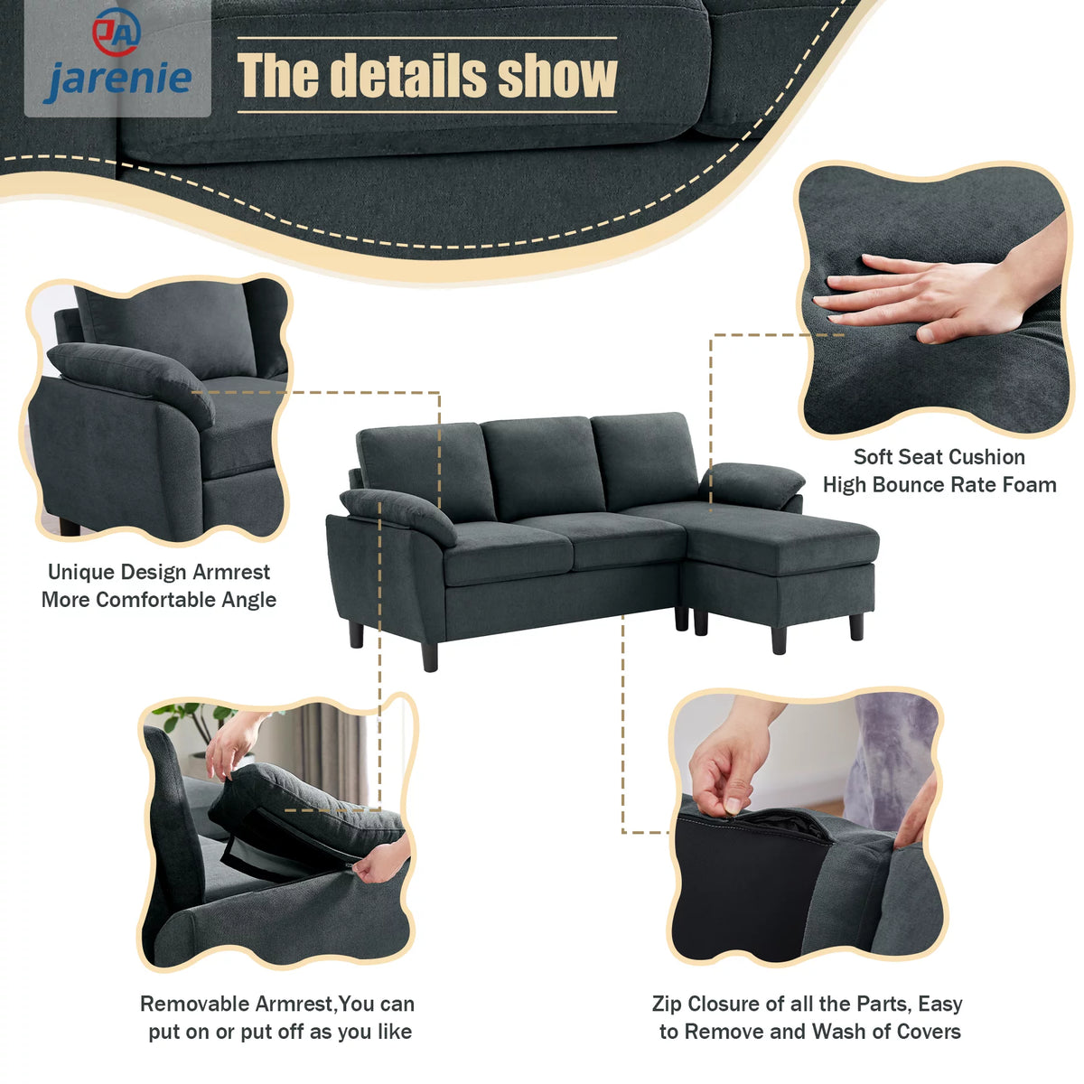 Modern Fabric L-Shaped Sectional Sofa with Chaise D753