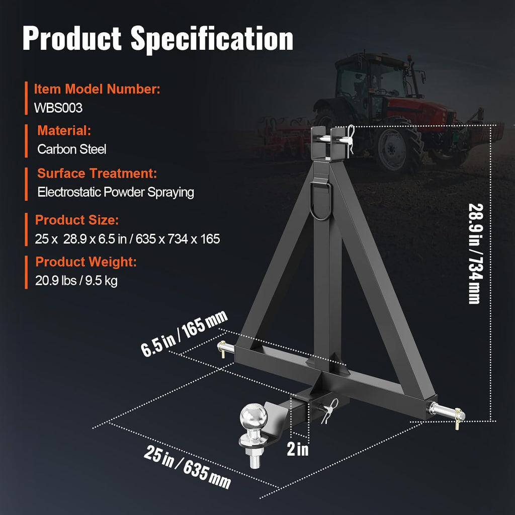 3 Point 2" Receiver Trailer Hitch Category 1 Tractor Tow Drawbar Adapter with Pins T181963