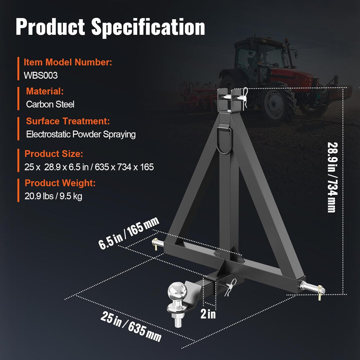 3 Point 2" Receiver Trailer Hitch Category 1 Tractor Tow Drawbar Adapter with Pins T181963