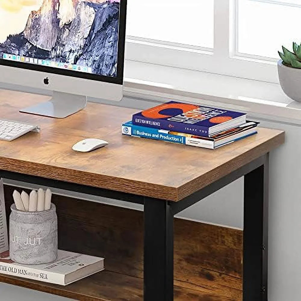 Computer Desk with Shelves 47 Inches Natural Wood Black Metal Frame H41063