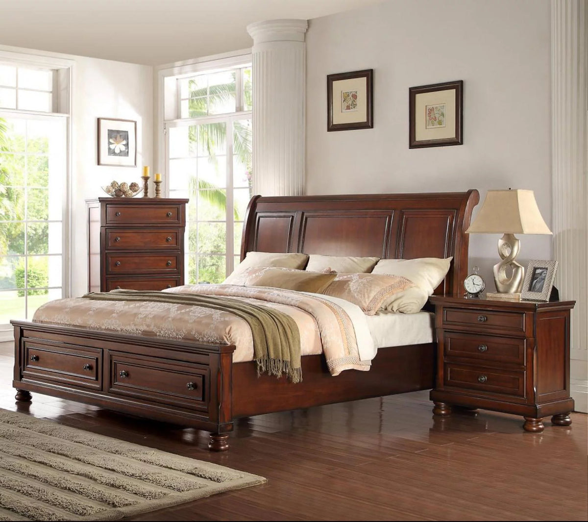 Cherry Wood Cal King Storage Bedroom Set 5P V100669