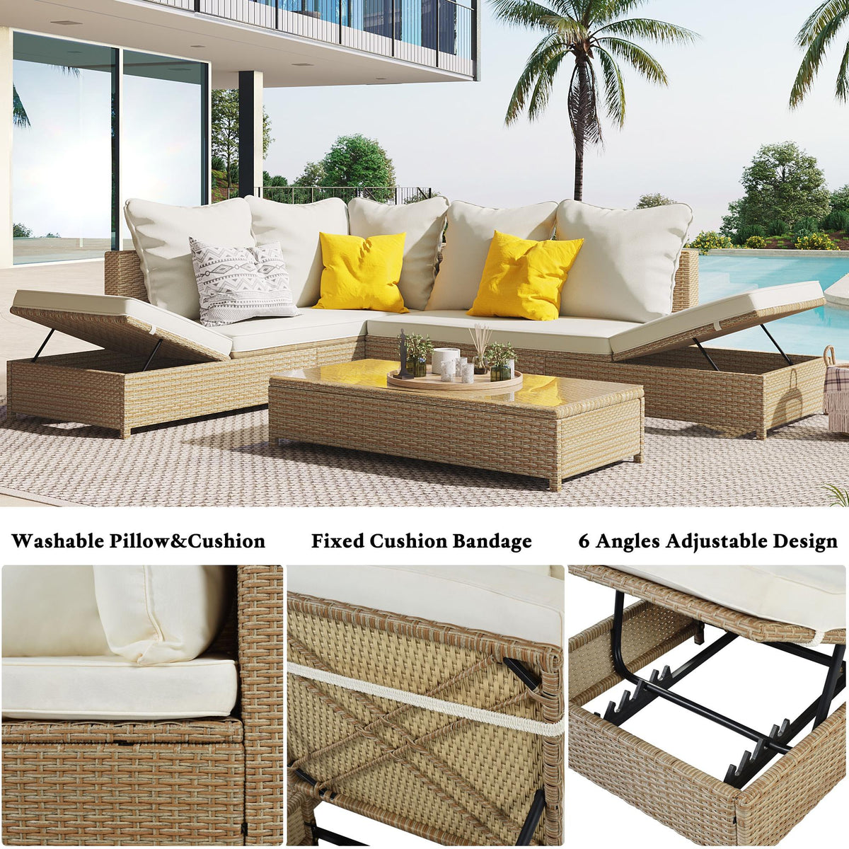 6 Seat PE Rattan Sectional Sofa Set with Adjustable Chaise R220471