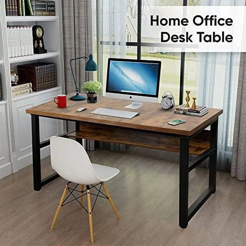 Computer Desk with Shelves 47 Inches Natural Wood Black Metal Frame H41063