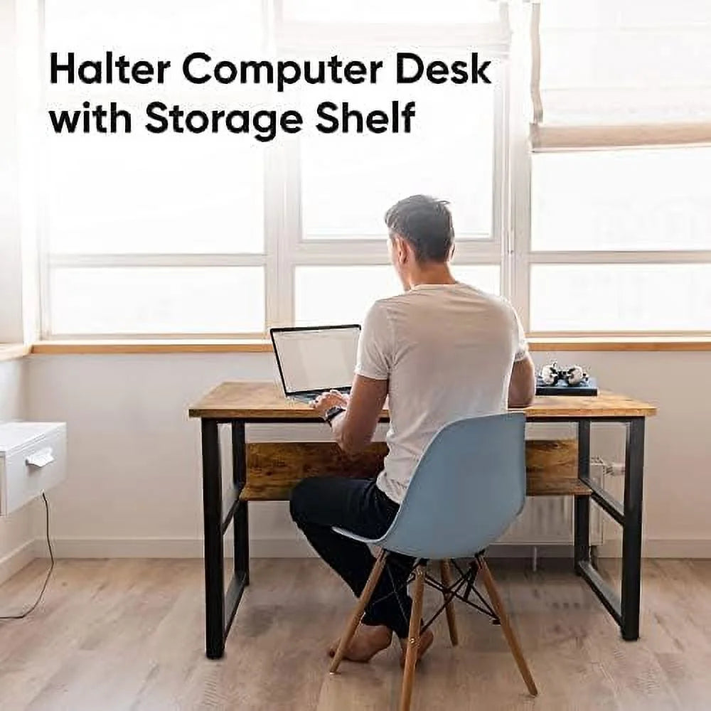 Computer Desk with Shelves 47 Inches Natural Wood Black Metal Frame H41063