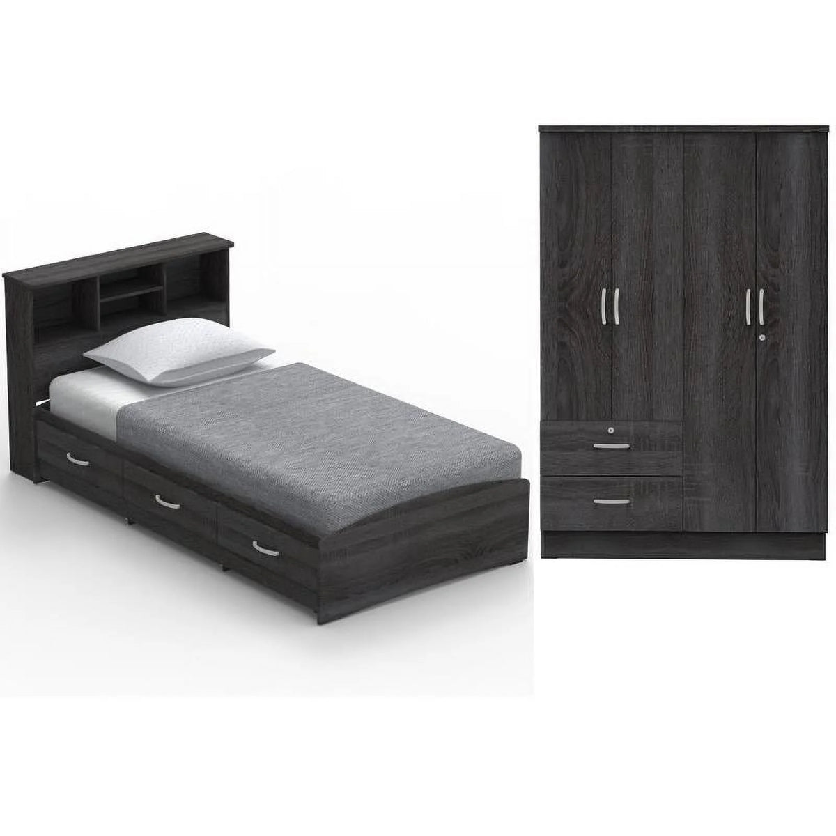 Twin Captains Bed and 4-Door 2-Drawer Armoire Set in Gray N55300