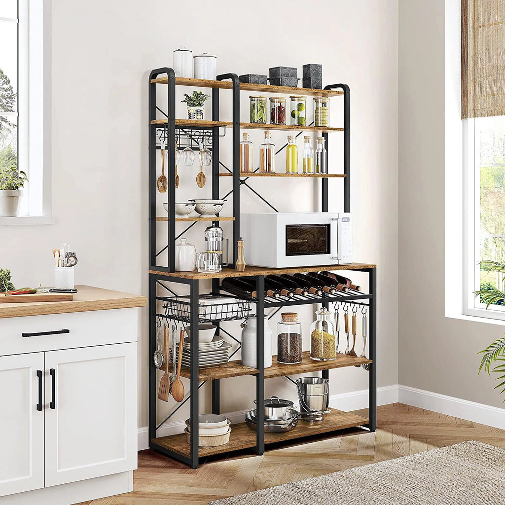 Wooden Kitchen Bakers Rack with Wine Rack and 12 Hooks I27315