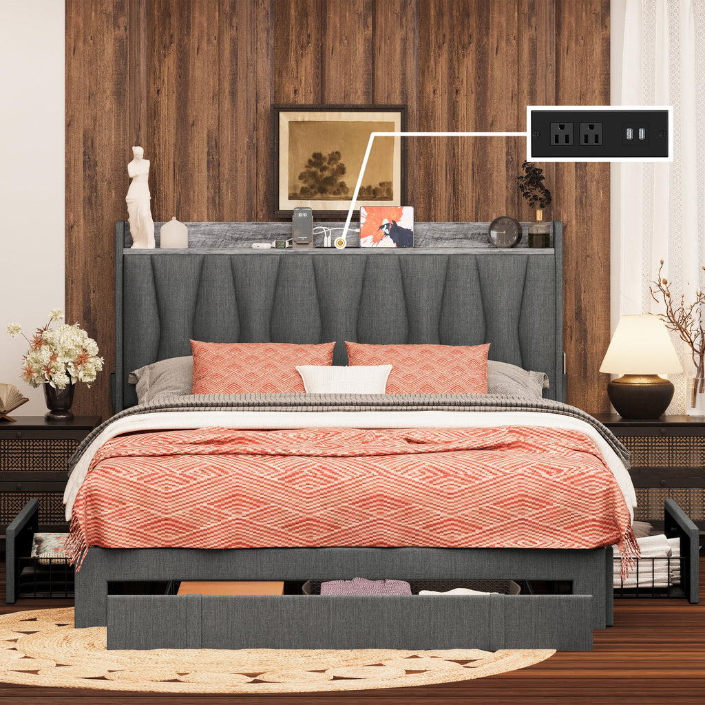 Queen Size Upholstered Bed Frame with Storage Headboard and 3 Drawers M57676