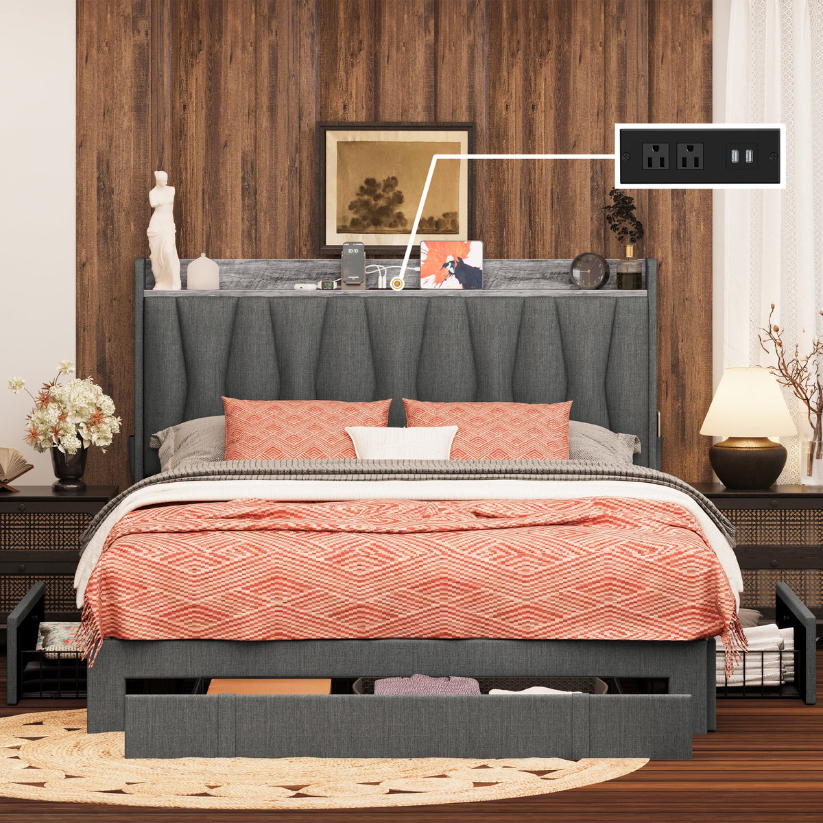 Queen Size Upholstered Bed Frame with Storage Headboard and 3 Drawers M57676
