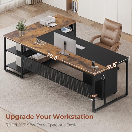71" Reversible L Shaped Desk with File Cabinet & Power Outlets R746