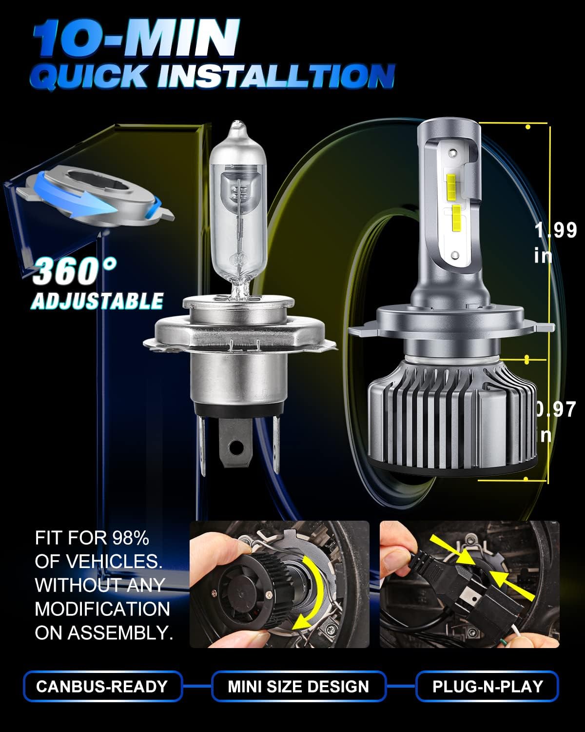 H4/9003 LED Headlight Bulbs, 16000LM, 6500K Cool White, Pack of 2 U310430