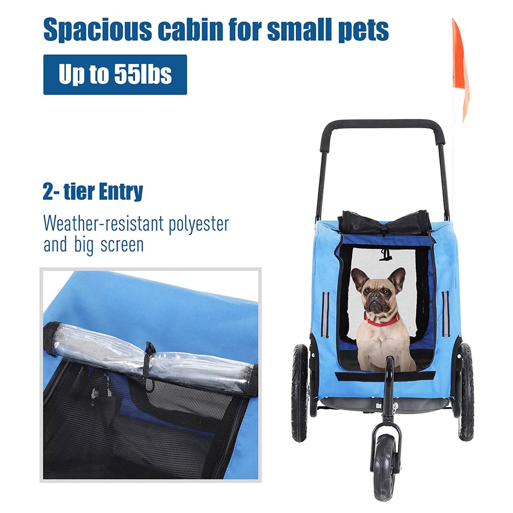 2-In-1 Dog Bicycle Trailer Jogging Stroller with Swivel Wheels Blue J308
