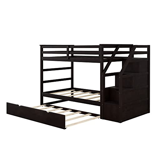 Twin-Over-Twin Wood Bunk Bed with Trundle and Storage Stairs (White) F2978