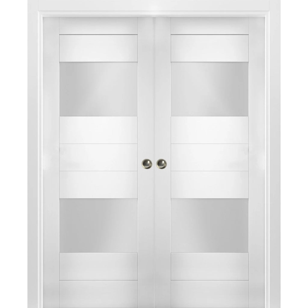 Sliding French Double Pocket Doors 36 x 96 inches Opaque Glass 2 Lites White Silk MDF Interior Doors F876746