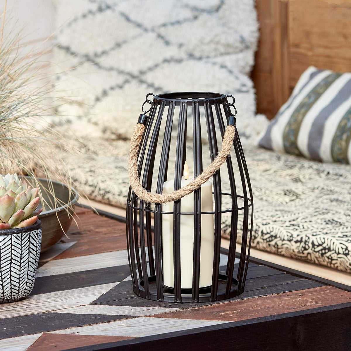 Black Slatted Metal LED Flameless Candle Lantern W85574
