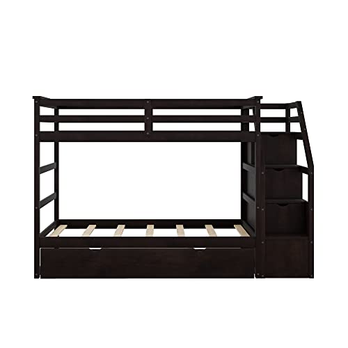 Twin-Over-Twin Wood Bunk Bed with Trundle and Storage Stairs (White) F2978