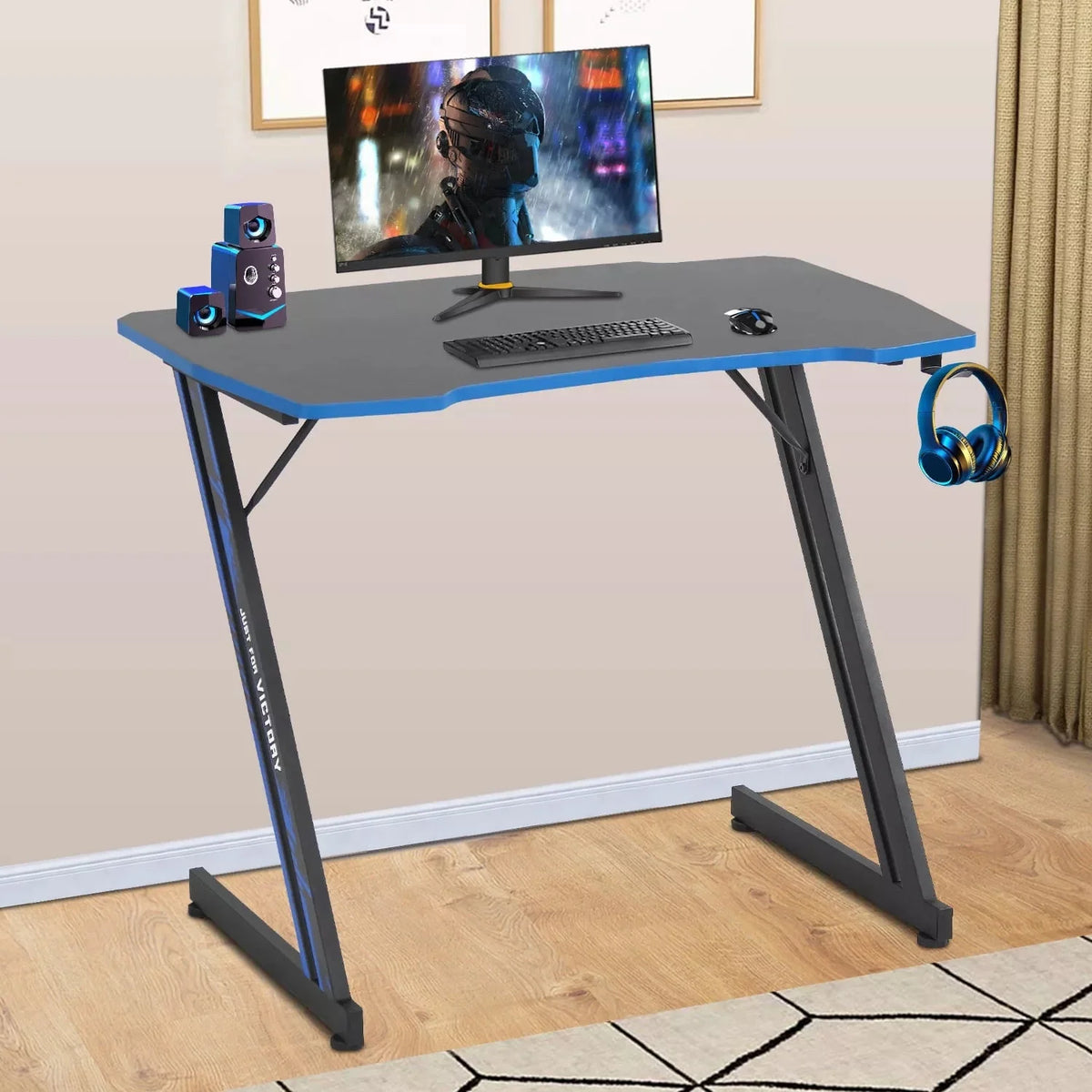 Blue Z Shaped Gaming Desk with Headphone Hook H78962