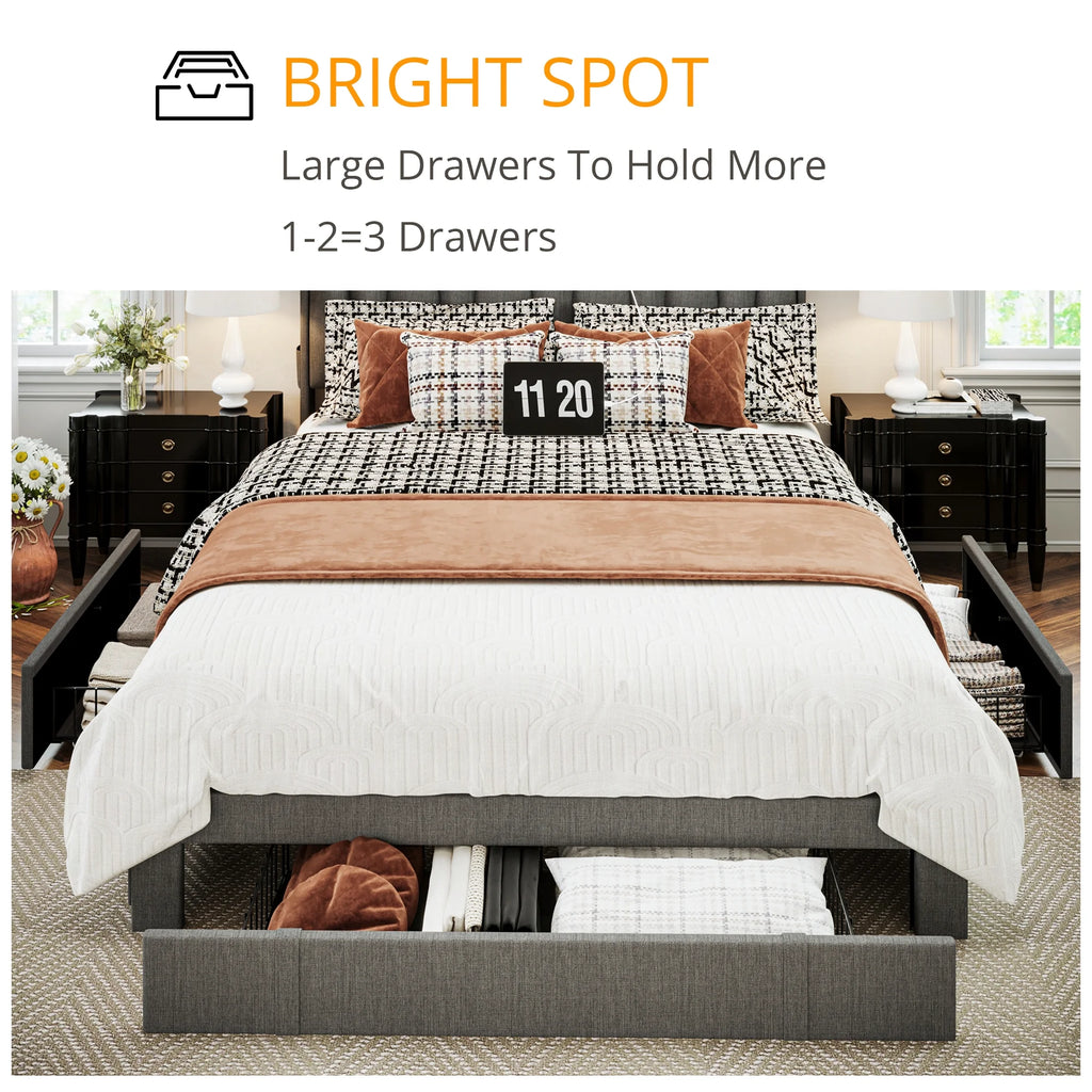 Queen Size Upholstered Bed Frame with Storage Headboard and 3 Drawers M57676
