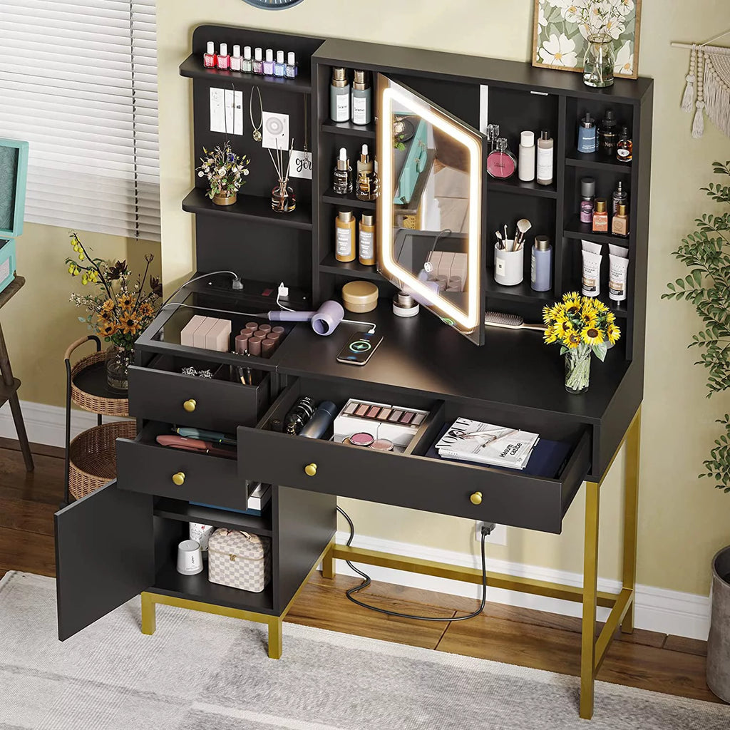 Black Makeup Desk with Lights and Charging Station N4939
