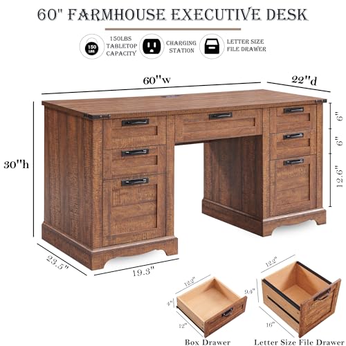 60" Farmhouse Desk with Drawers, Charging Station, Keyboard Tray, File Drawer, Storage Cabinet (Natural Oak) V289