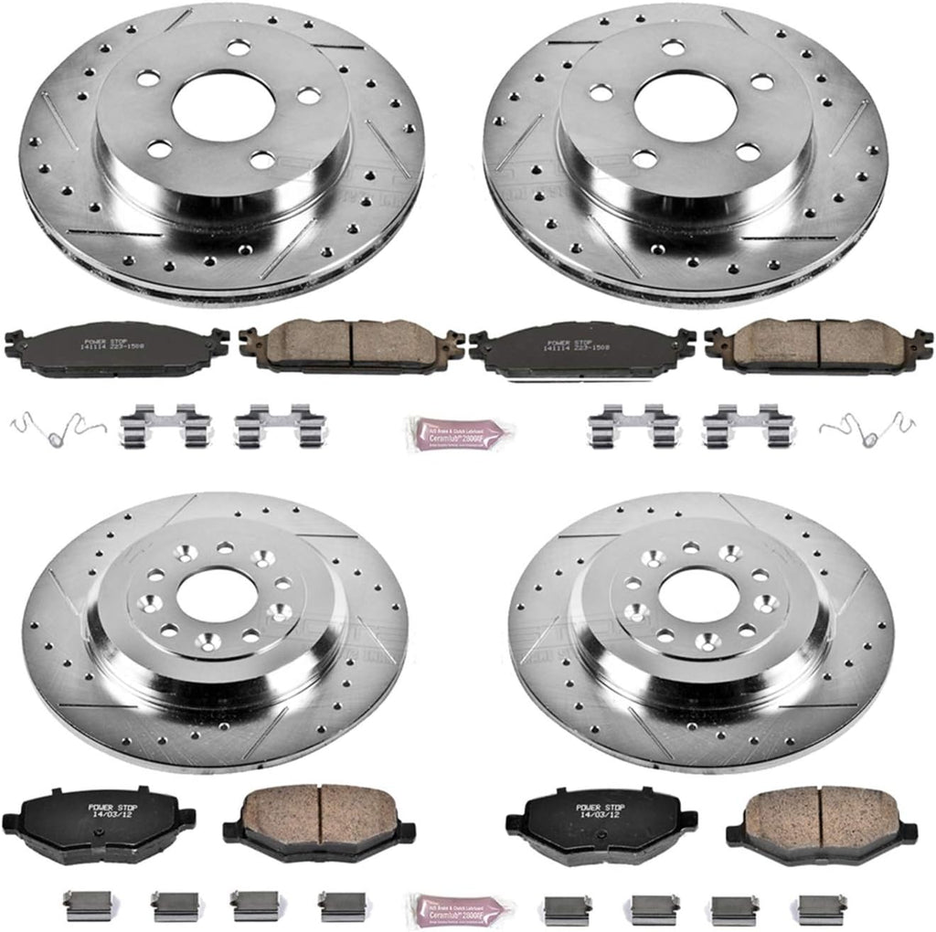 Front and Rear Carbon Fiber Brake Pads with Drilled & Slotted Brake Rotors Kit Y6420