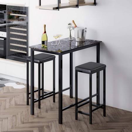3-Piece Pub Bar Table Set with 2 Stools, Faux Marble Top, Black & Brown I18782