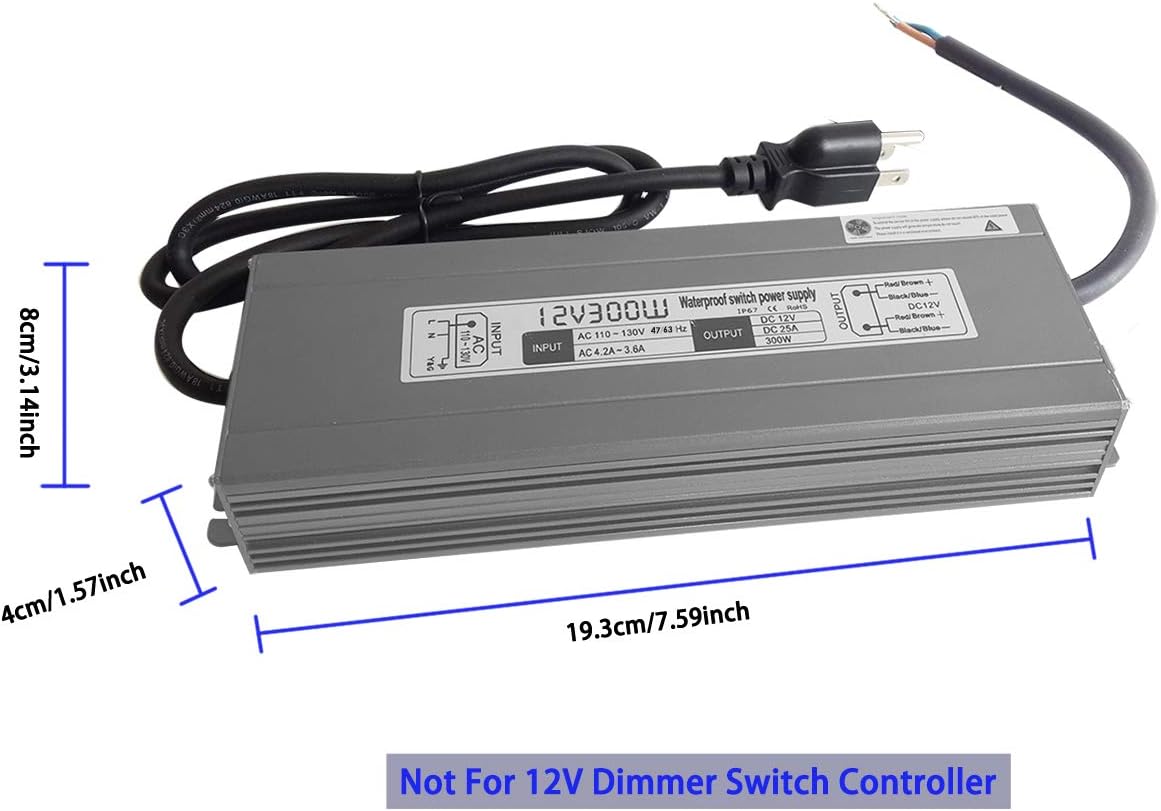 200W Waterproof Power Supply Transformer, 110-130V AC to 12V DC Output 16.7A Adapter with 3 Feet Cable N4881