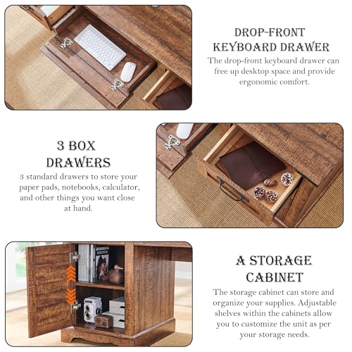 60" Farmhouse Desk with Drawers, Charging Station, Keyboard Tray, File Drawer, Storage Cabinet (Natural Oak) V289