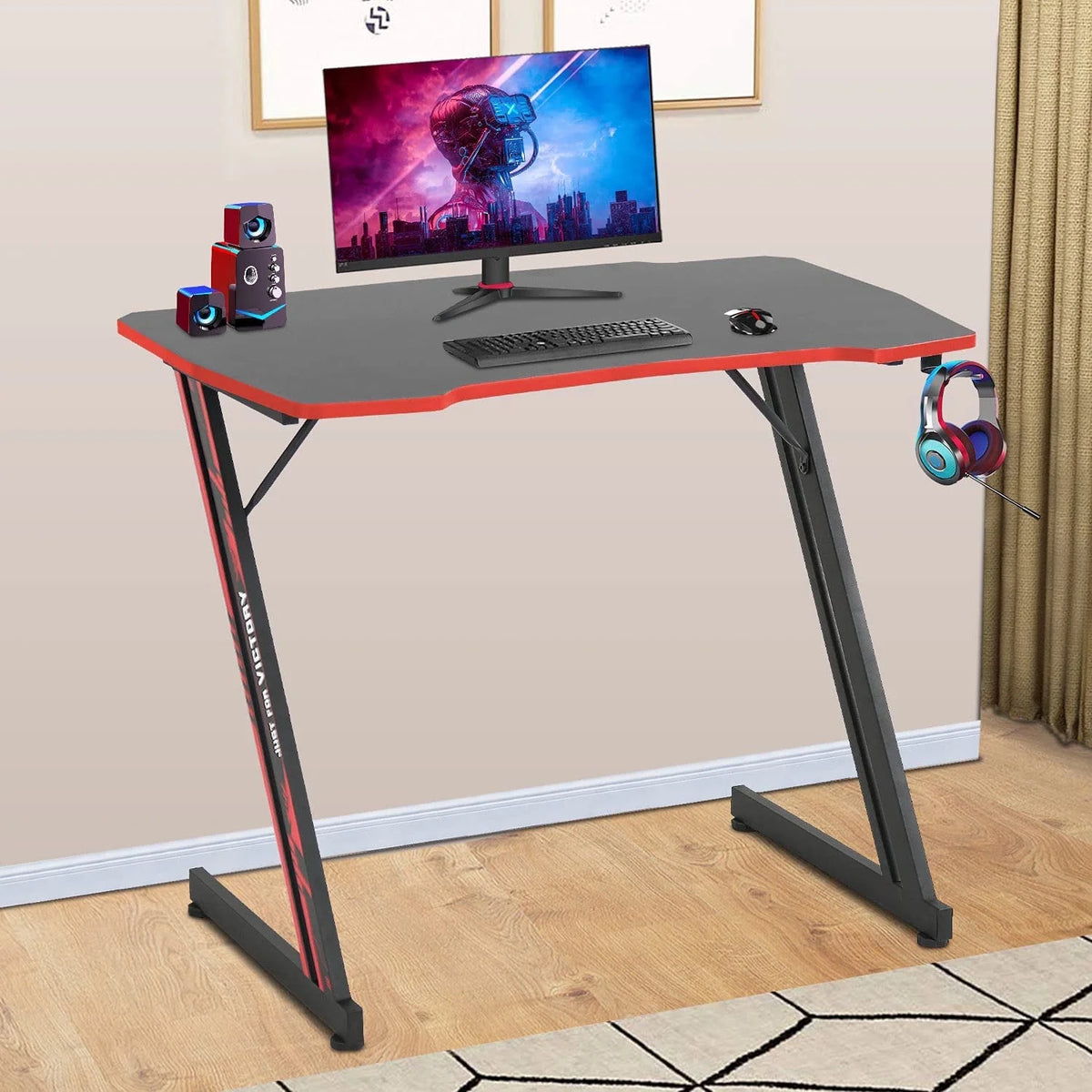 Blue Z Shaped Gaming Desk with Headphone Hook H78962
