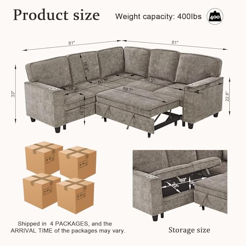 86 INCH L Shaped Convertible Sleeper Sectional Sofa Pull-Out Couch Bed I795742