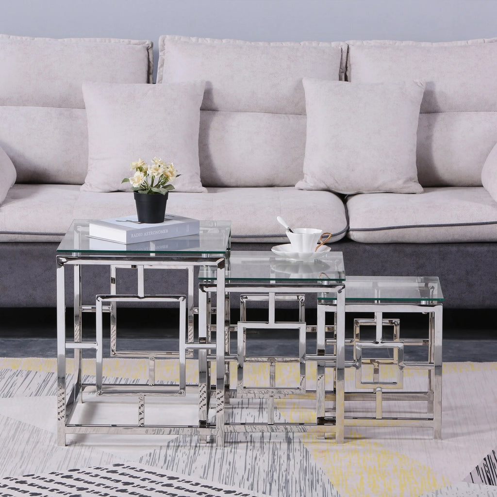 Set of 3 Metal Nesting Tables Glass End Tables O257842