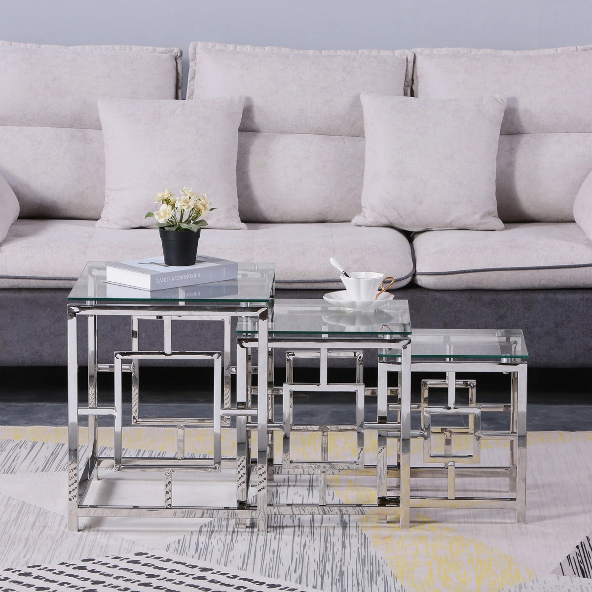 Set of 3 Metal Nesting Tables Glass End Tables O257842