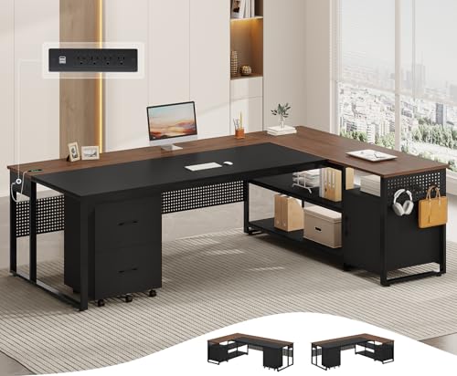 71" Reversible L Shaped Desk with File Cabinet & Power Outlets R746