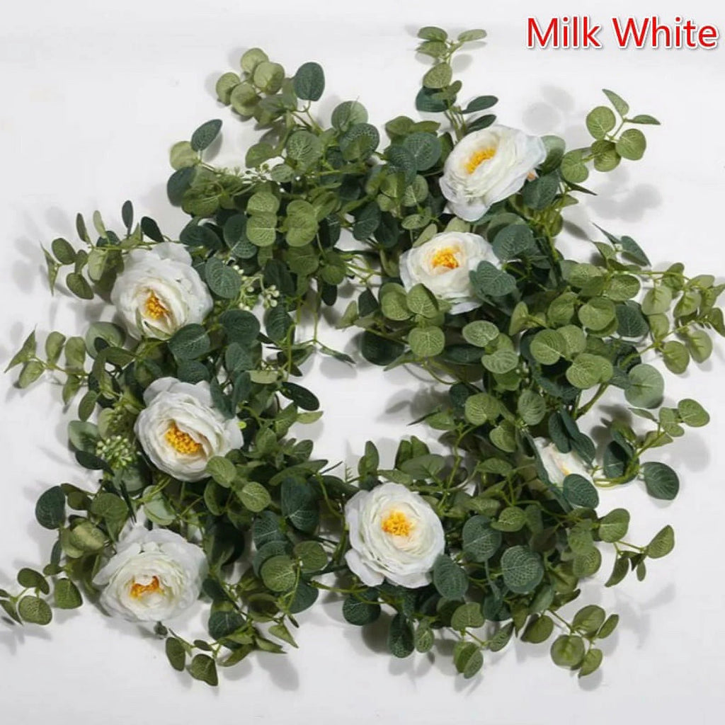 2PCS 1.8M Artificial Eucalyptus Garland with Champagne Roses T58369