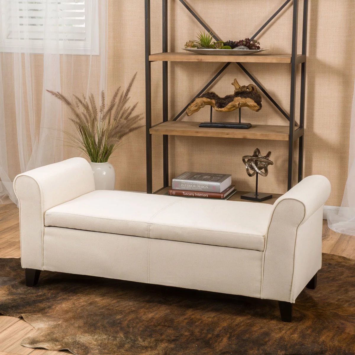 Beige Fabric Upholstered Storage Ottoman Bench J572942