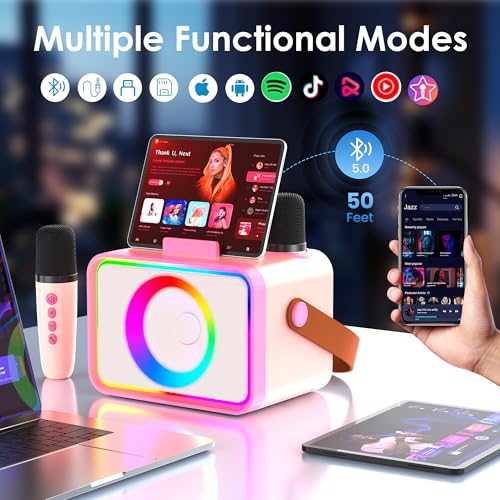Portable Bluetooth Karaoke Machine with 2 Wireless Microphone and LED Lights W8549