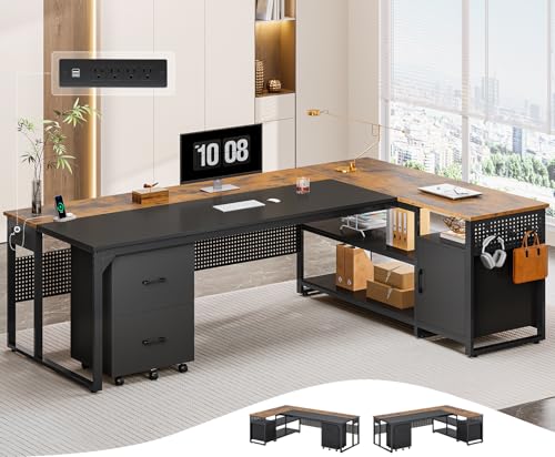 71" Reversible L Shaped Desk with File Cabinet & Power Outlets R746