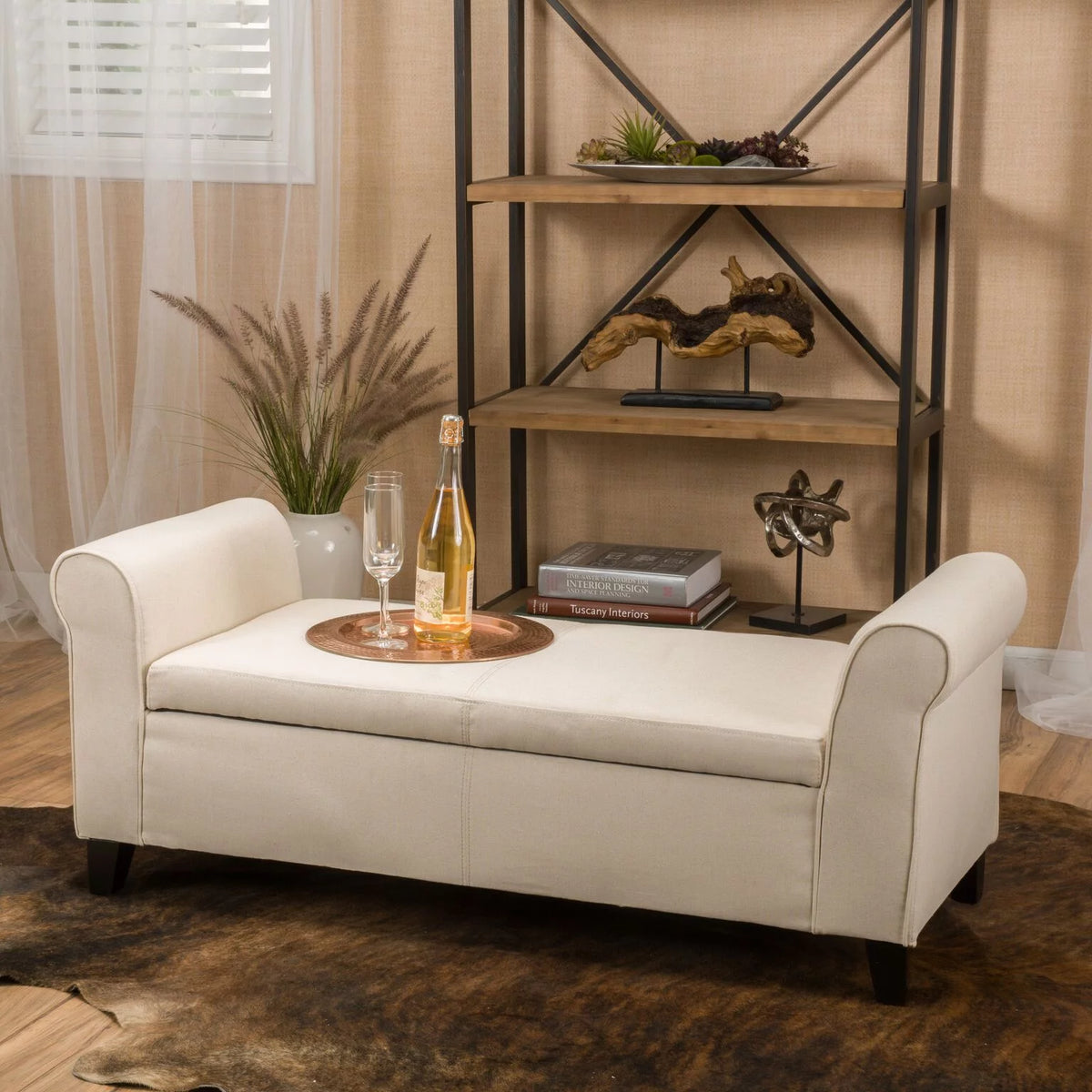 Beige Fabric Upholstered Storage Ottoman Bench J572942