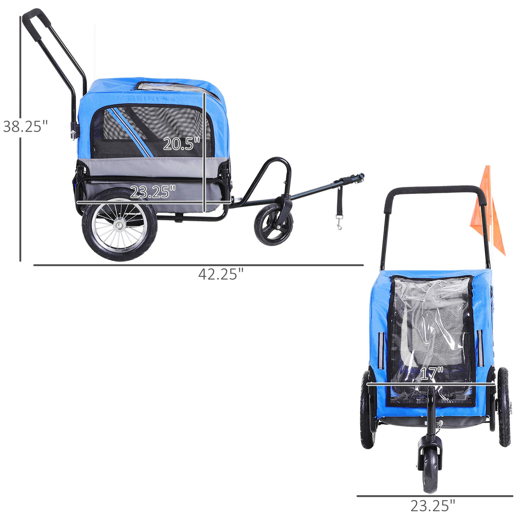 2-In-1 Dog Bicycle Trailer Jogging Stroller with Swivel Wheels Blue J308