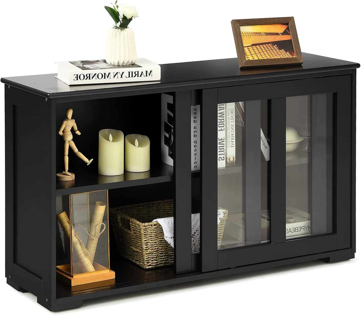 Antique Stackable Sideboard Cabinet with Sliding Door Window M335951