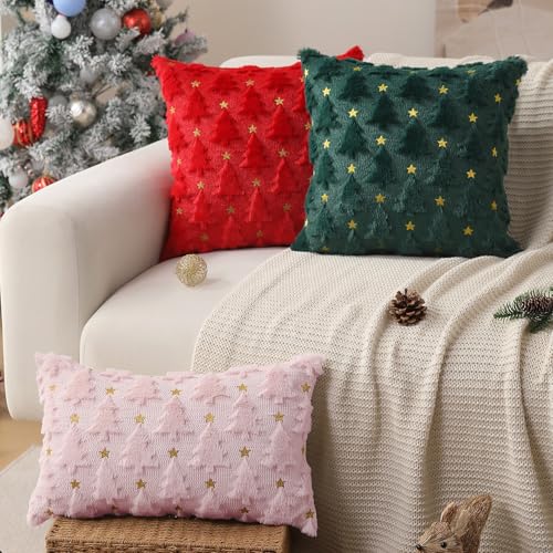 Dark Green Christmas Tree Pillow Covers 18 x 18 inch Set of 2 Plush Faux Fur B209948