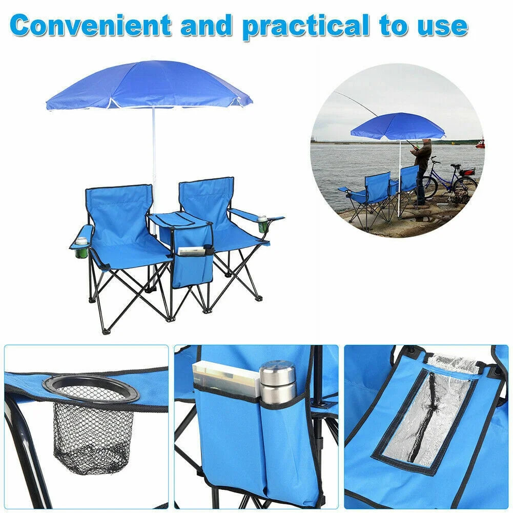 Folding Picnic Chair with Umbrella Mini Table Beverage Holder X549