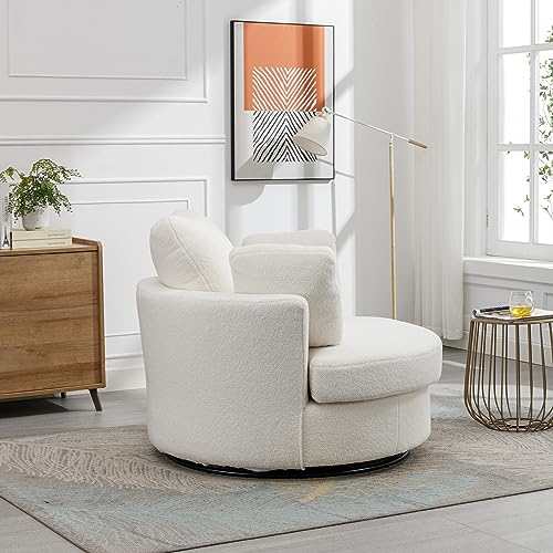 Ivory Sherpa Swivel Accent Barrel Chair with 3 Pillows W6858