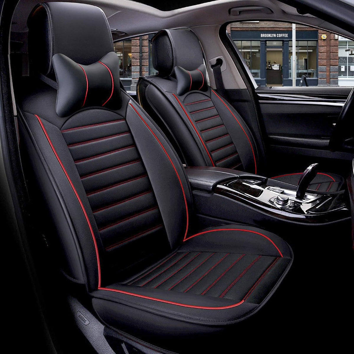 Khaki Black Leather Car Seat Cover Full Set Universal for 5 Seats O67624