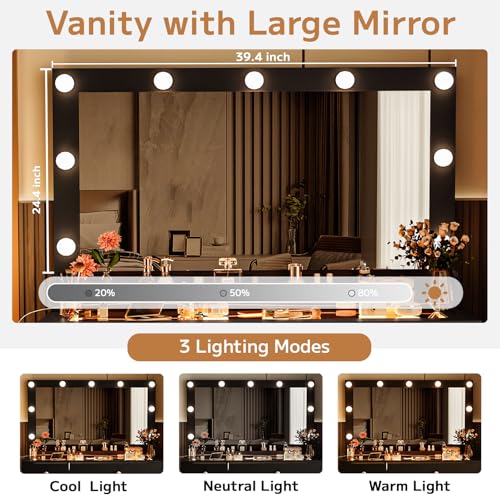 White 39.4'' Glass Top Makeup Vanity with Large Mirror and Lights U738177